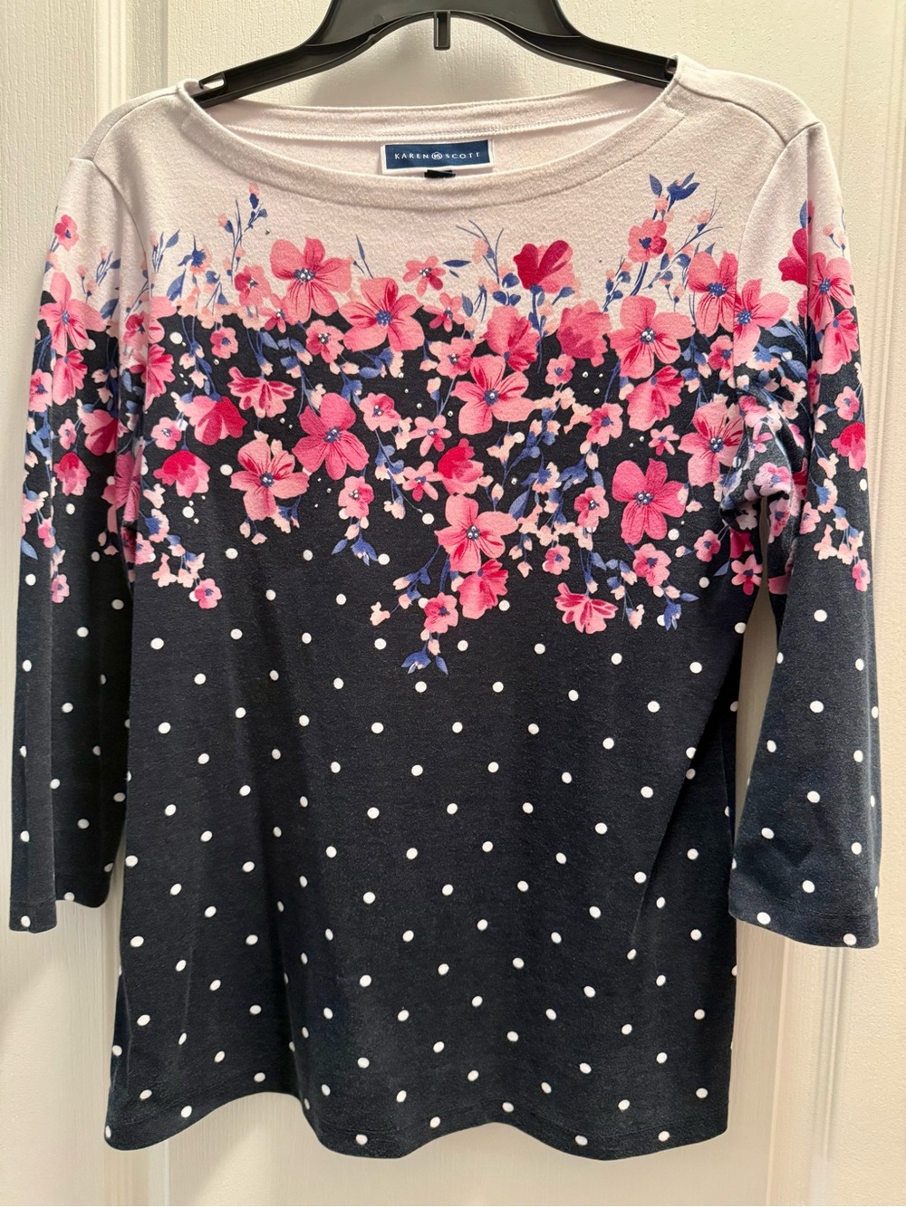 Karen Scott Floral Polka Dot Top Size M Rhinestone Embellished